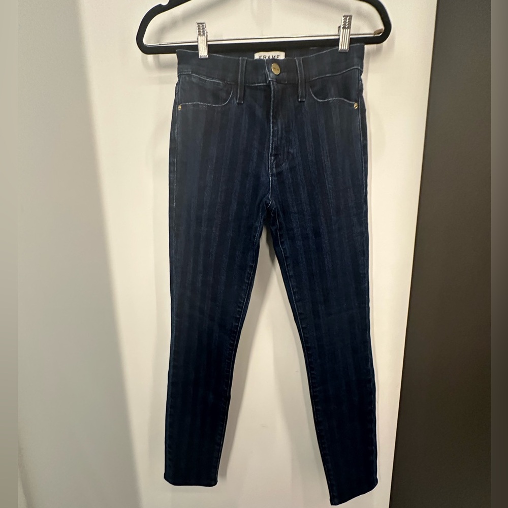 Frame Le High Skinny Crop Jeans blue on blue strip size 27 NWOT